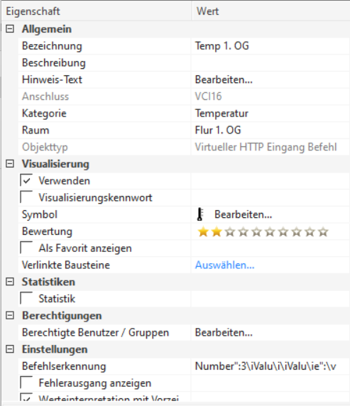 Loxone Virtueller HTTP Eingang Befehl Eigenschaften